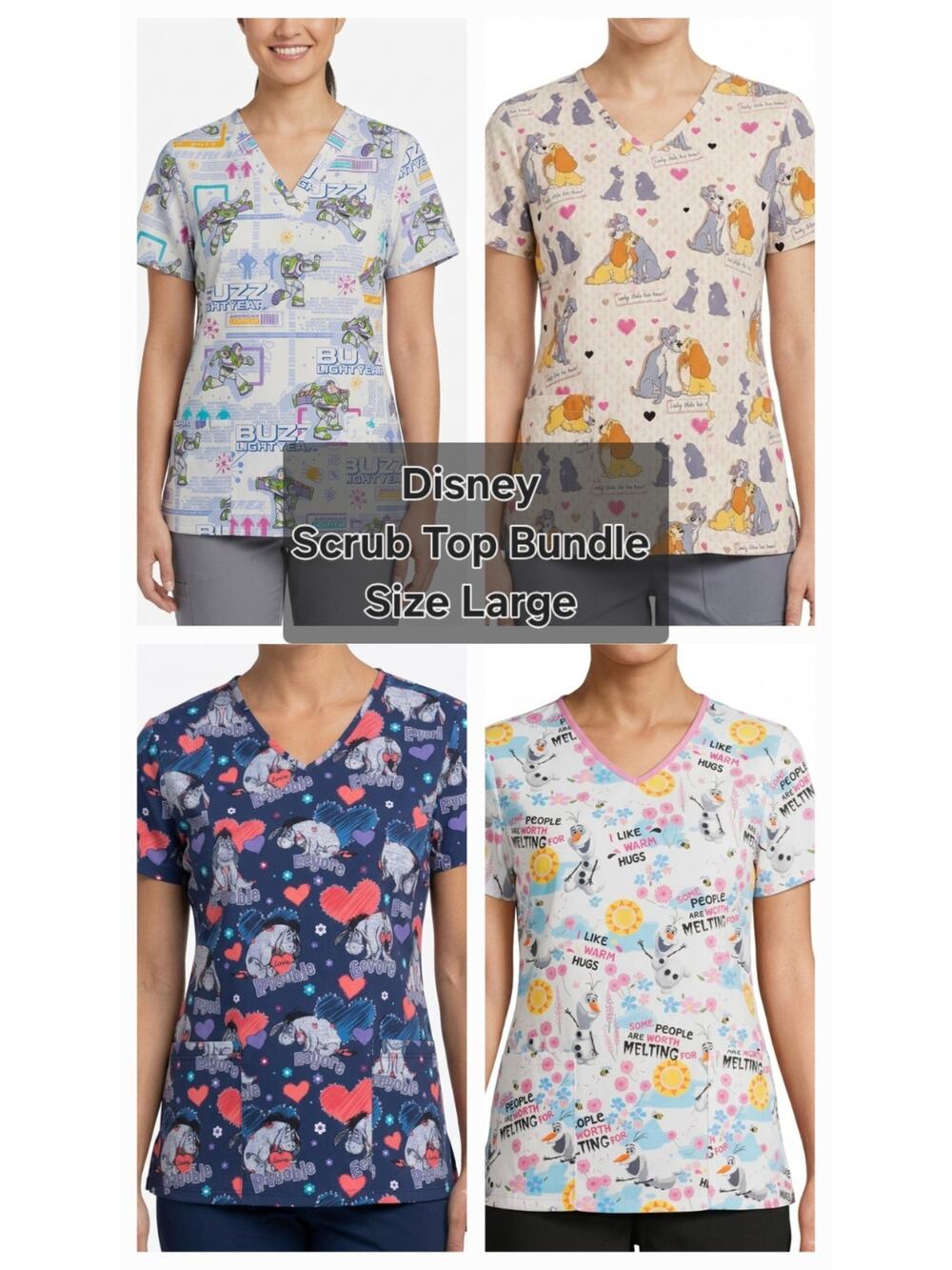 LOT OF 4 Disney Scrub Tops Large L Toy Story Buzz Frozen Olaf Eeyore Lady Tramp